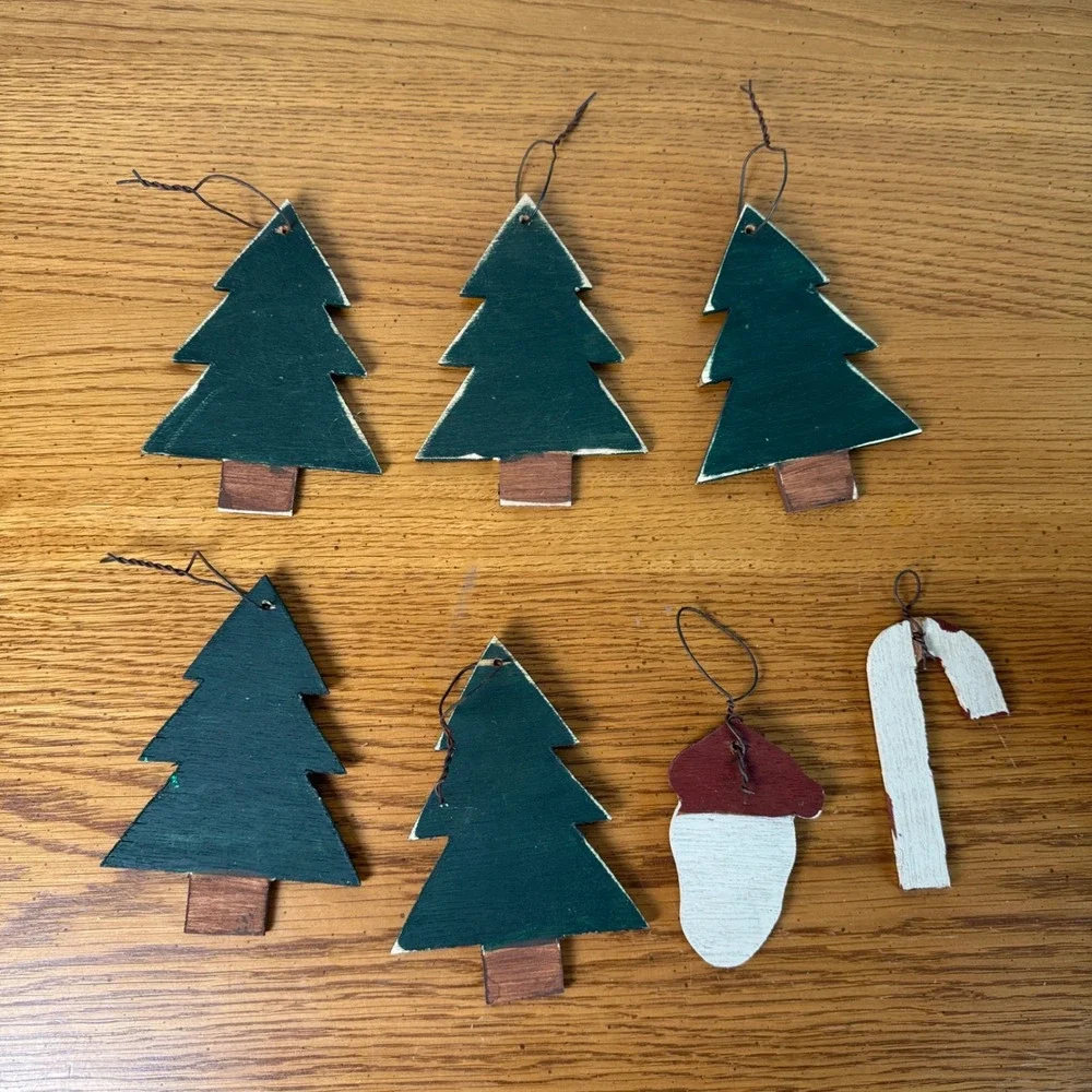 Handmade Christmas Ornaments Set of‎ 7 Trees Santa Candy Cane Wood Rustic Charm